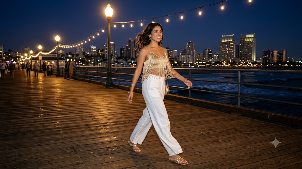Gold Metallic Fringe Crop Top & White Linen Trousers